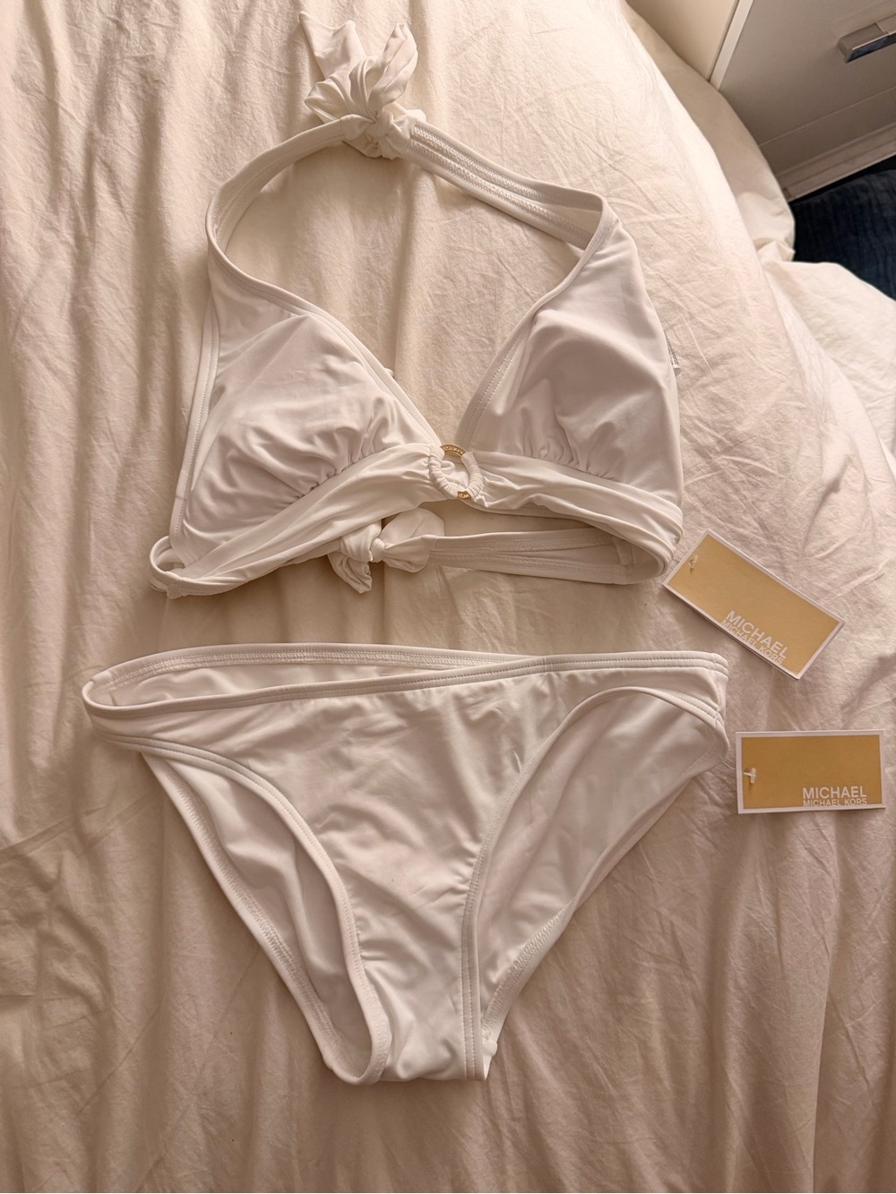 Michael Kors Logo Ring Halter 2 Piece Swimsuit Bikini White Womens Small NWT